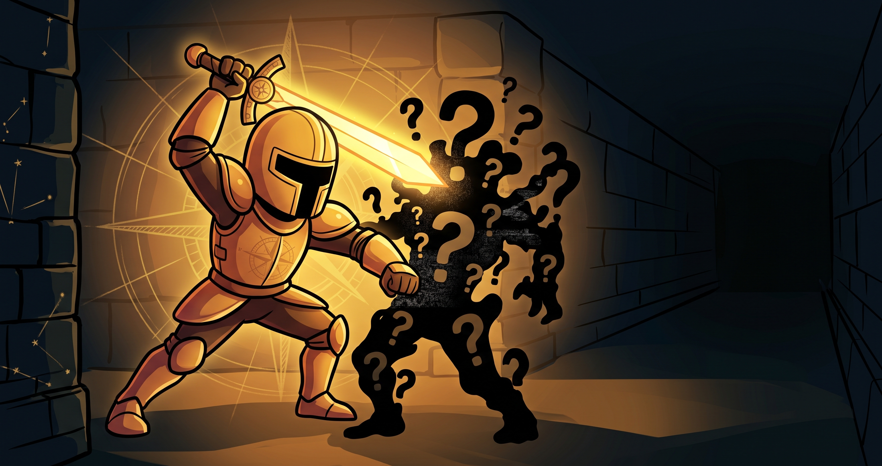 The VivaWhiz dungeon slayer knight striking down a shadowy monster made of question marks